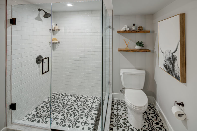 basement bathroom with retro tile and glass shower